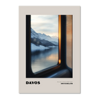 Davos - One Look, and You’re Back Again - Poster featuring a scenic winter view through a train window.