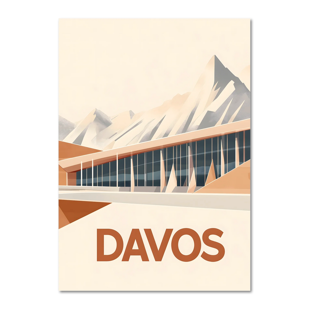 Davos – Peaks & Innovation - Poster featuring modern architecture against geometric mountains in warm tones.
