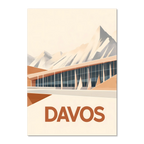Davos – Peaks & Innovation - Poster featuring modern architecture against geometric mountains in warm tones.