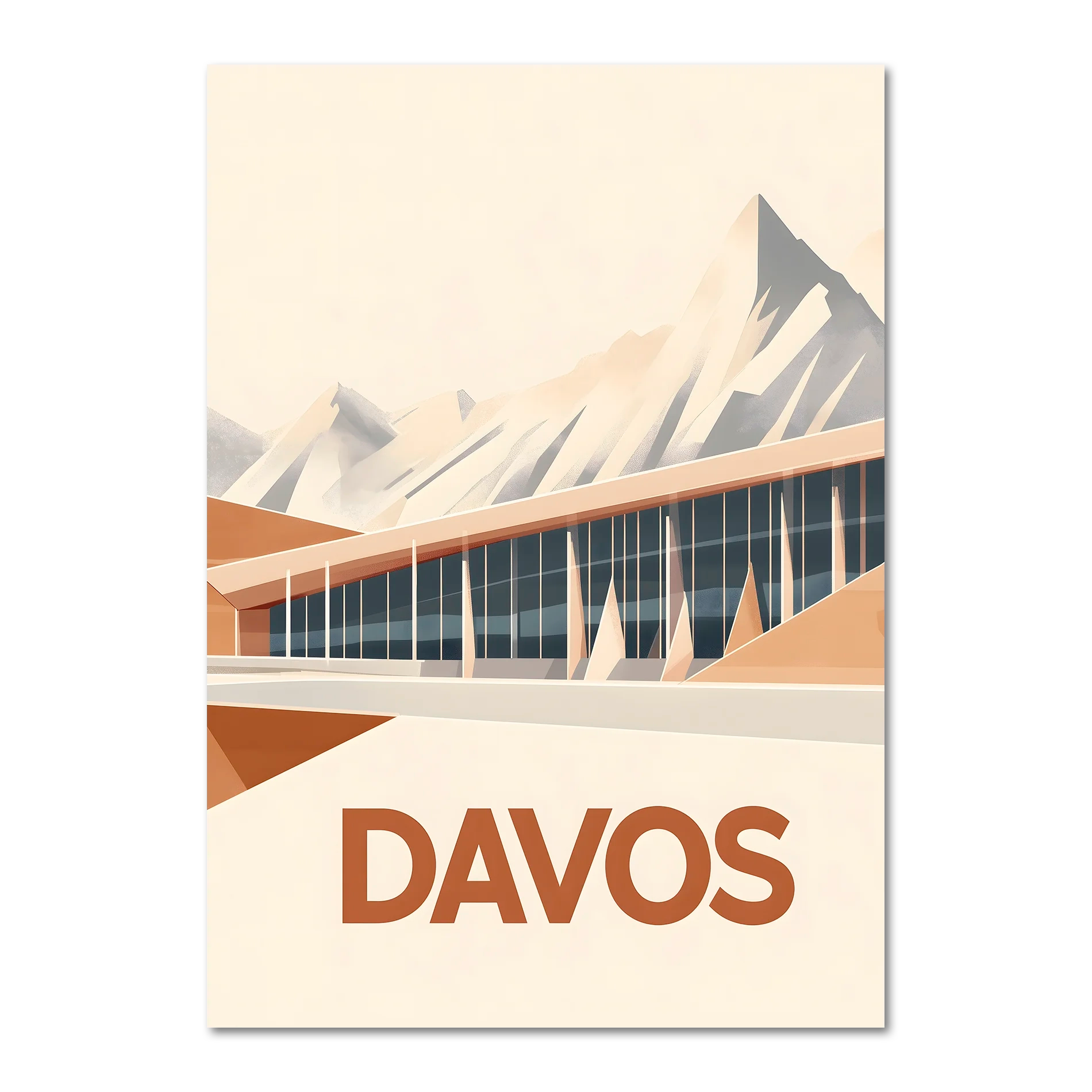 Davos – Peaks & Innovation - Poster featuring modern architecture against geometric mountains in warm tones.
