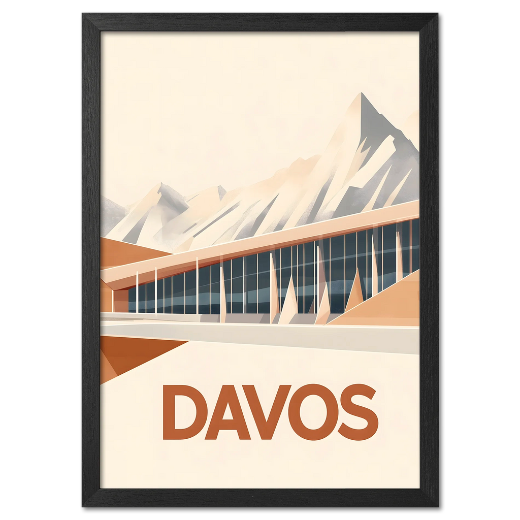 Davos – Peaks & Innovation - Poster featuring modern architecture and soft mountain shapes in warm tones.