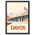 Davos – Peaks & Innovation - Poster featuring modern architecture and soft mountain shapes in warm tones.