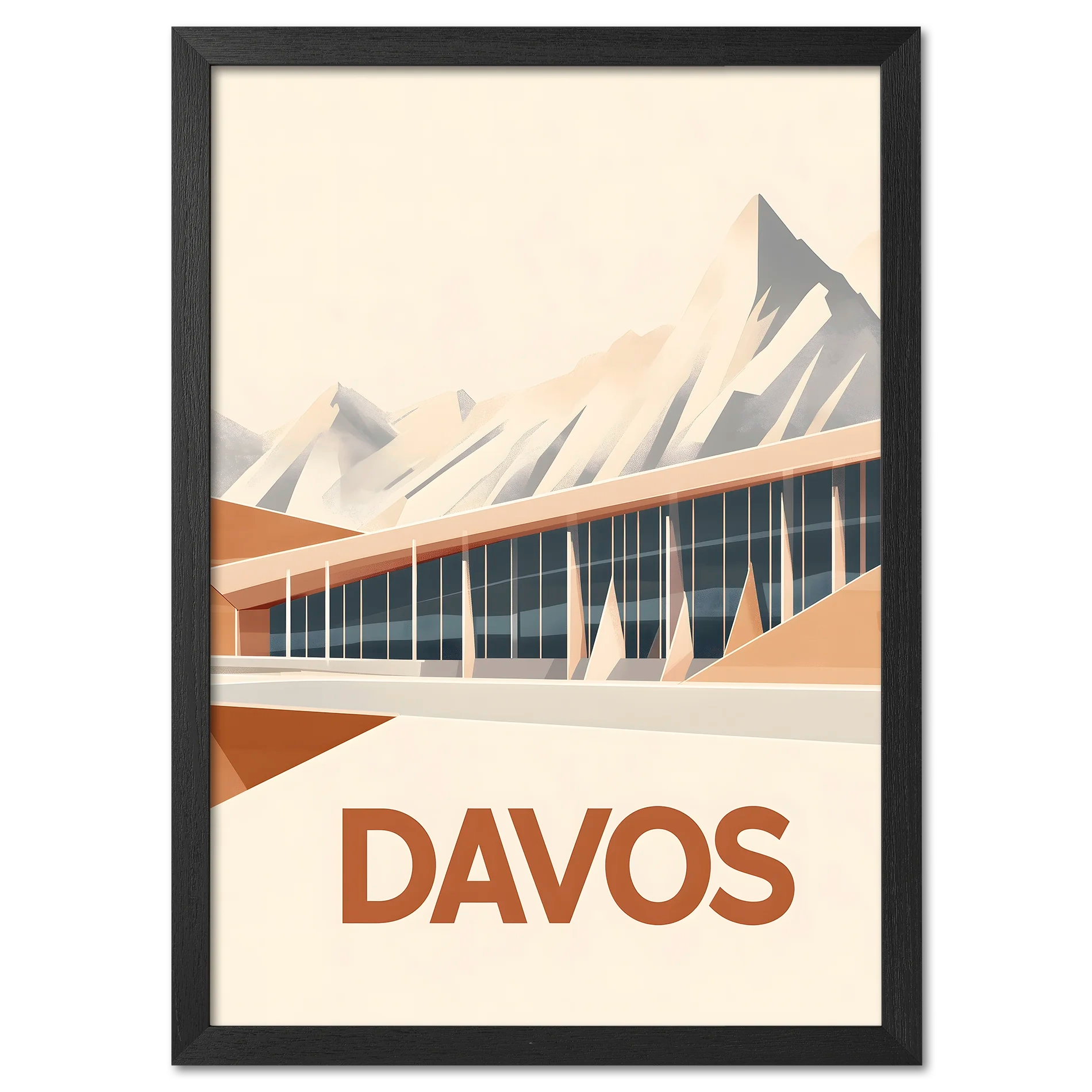 Davos – Peaks & Innovation - Poster featuring modern architecture and soft mountain shapes in warm tones.