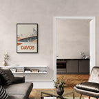 Davos – Peaks & Innovation - Poster displayed in a modern living room setting with minimalistic decor.