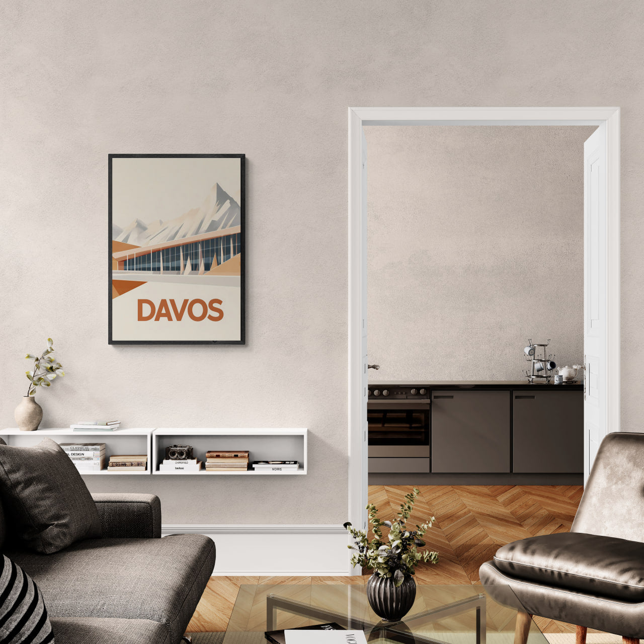 Davos – Peaks & Innovation - Poster displayed in a modern living room setting with minimalistic decor.