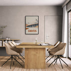 Davos – Peaks & Innovation - Poster framed in a modern dining room, showcasing wall art design with warm tones.