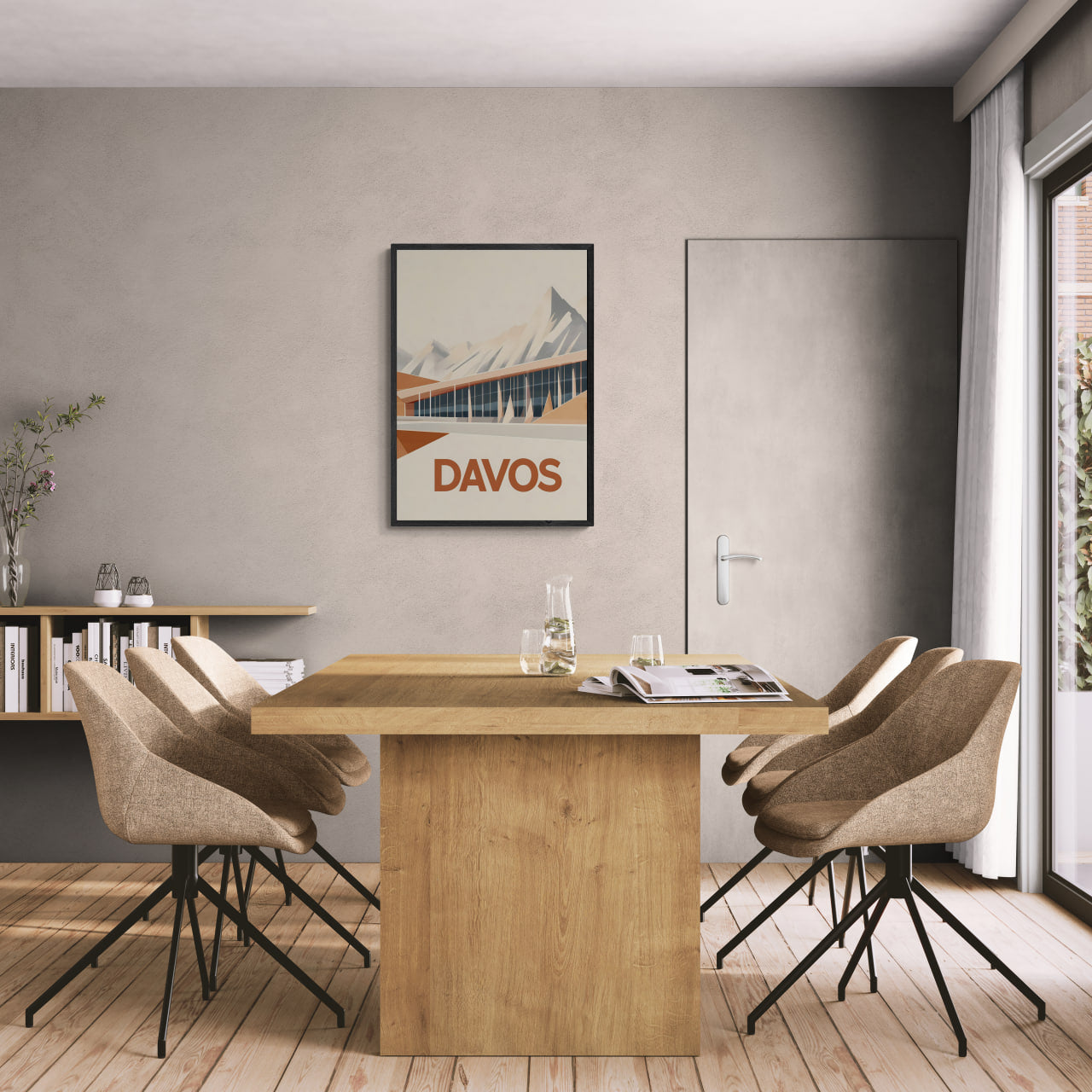 Davos – Peaks & Innovation - Poster framed in a modern dining room, showcasing wall art design with warm tones.