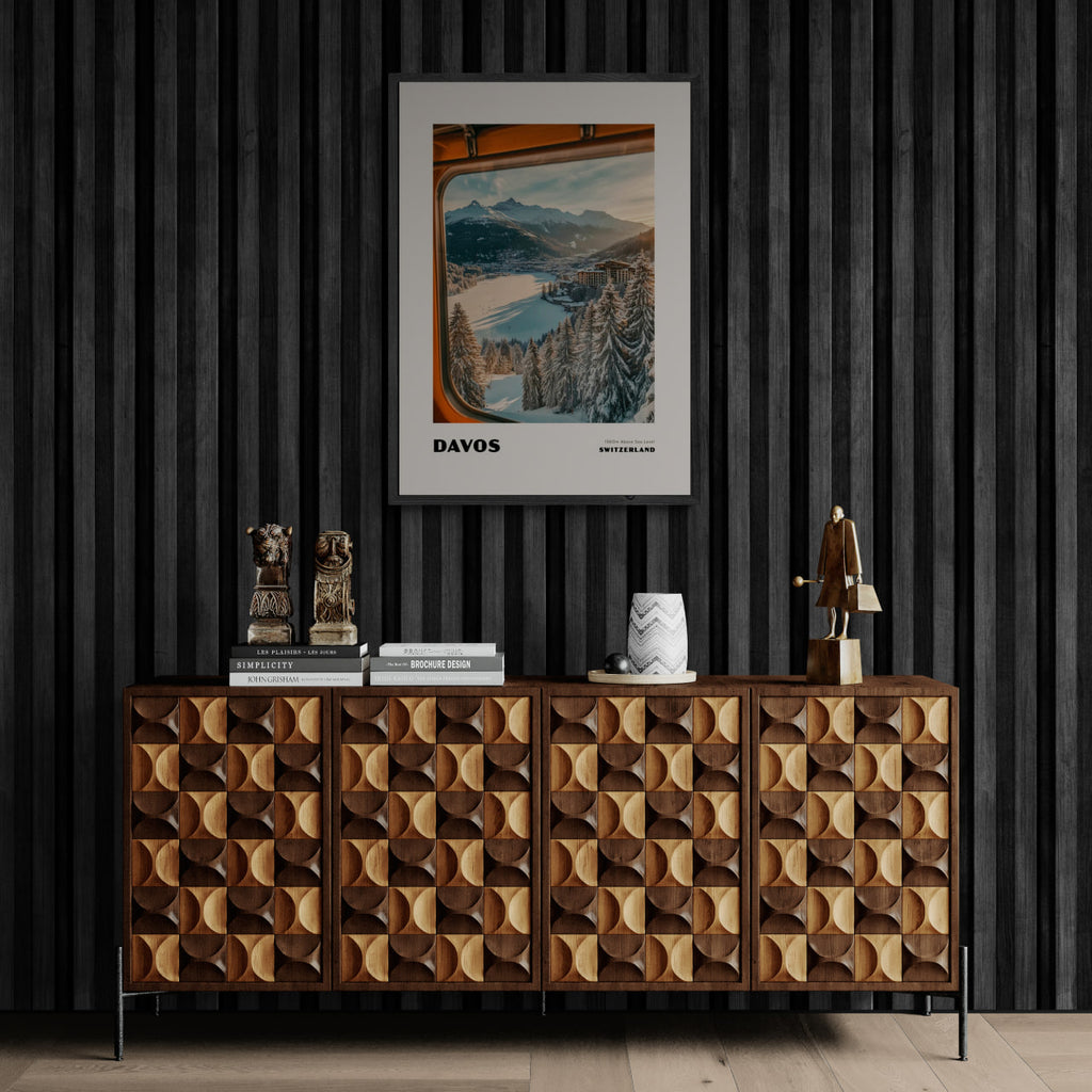Davos - 1560m Above Sea Level - Poster displayed above a stylish wooden cabinet in a modern interior.