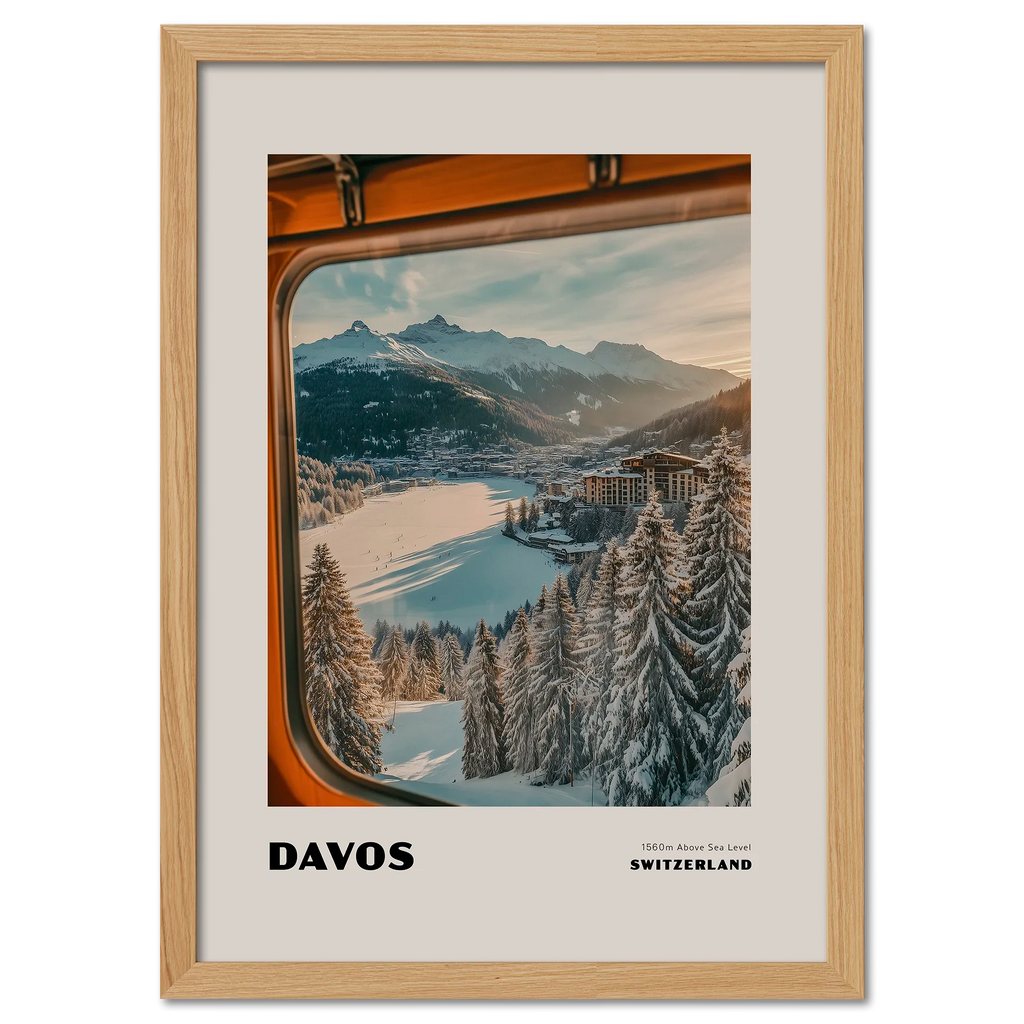 Davos - 1560m Above Sea Level - Poster showcasing a winter landscape from a mountain train window.