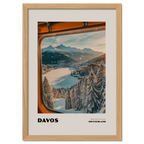 Davos - 1560m Above Sea Level - Poster showcasing a winter landscape from a mountain train window.