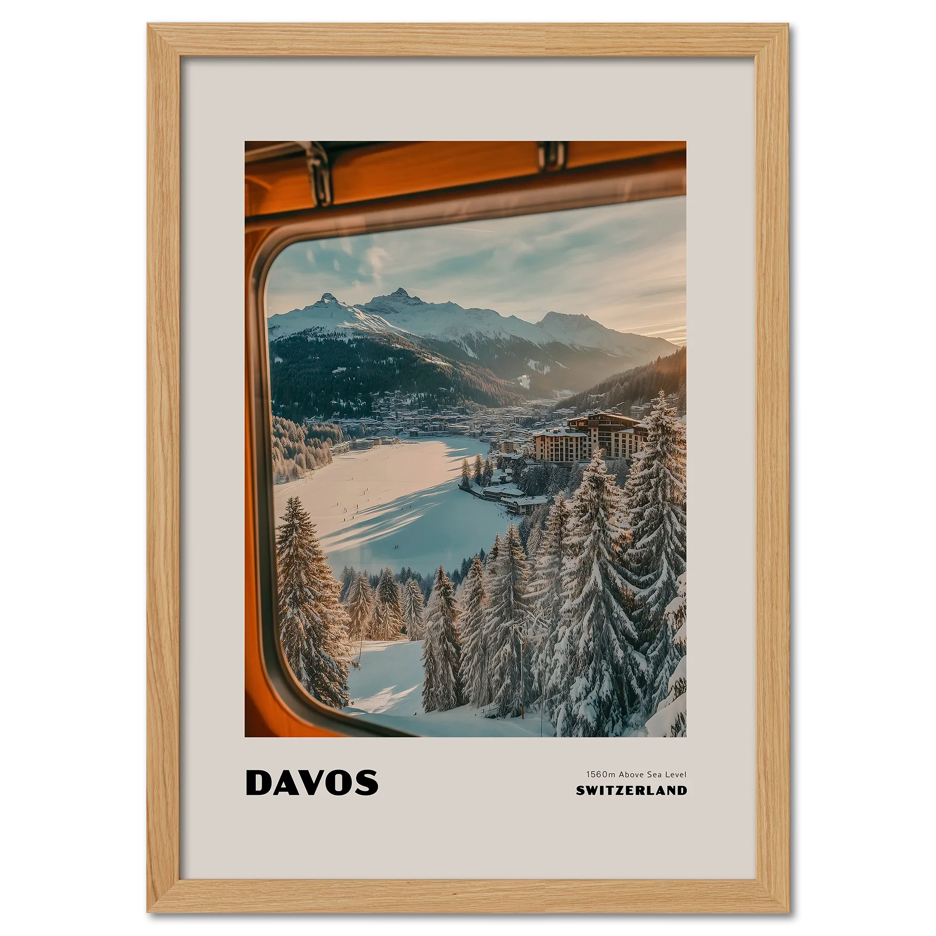Davos - 1560m Above Sea Level - Poster showcasing a winter landscape from a mountain train window.