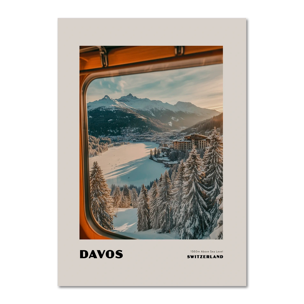 Davos - 1560m Above Sea Level - Poster capturing a winter view of Davos, Switzerland from a train window.