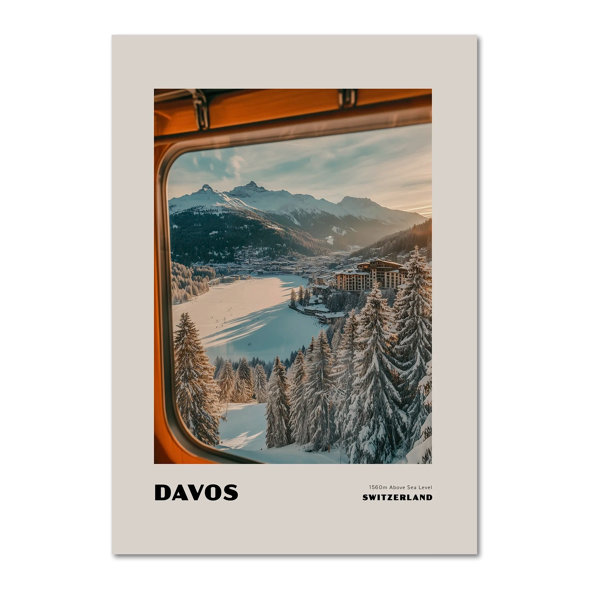 Davos - 1560m Above Sea Level - Poster capturing a winter view of Davos, Switzerland from a train window.