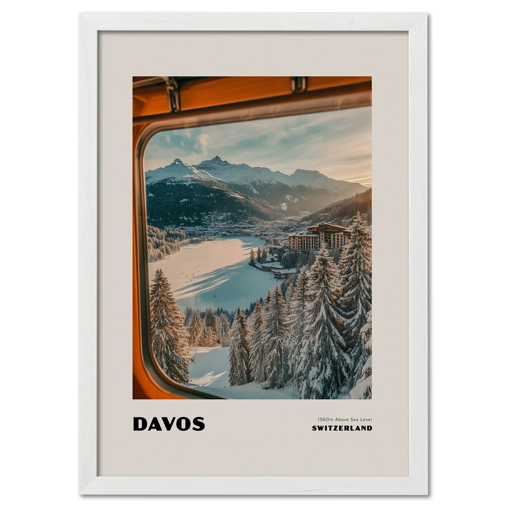 Davos - 1560m Above Sea Level - Poster showing a winter scene in Davos, Switzerland from a mountain train window.