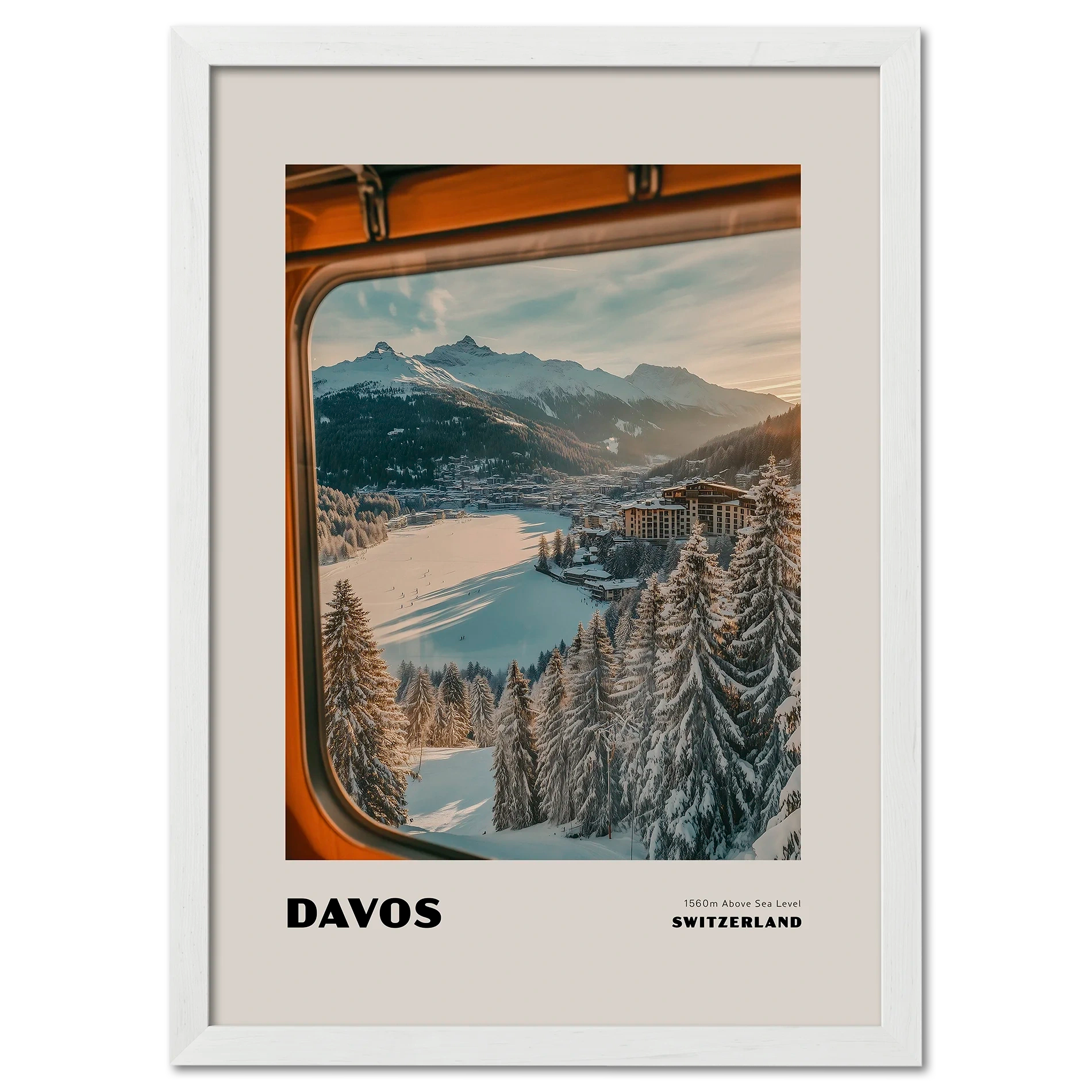 Davos - 1560m Above Sea Level - Poster showing a winter scene in Davos, Switzerland from a mountain train window.