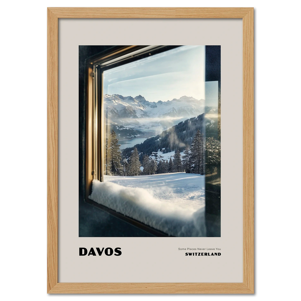 Davos - Some Places Never Leave You - Poster featuring a winter scene captured through a frosted window.