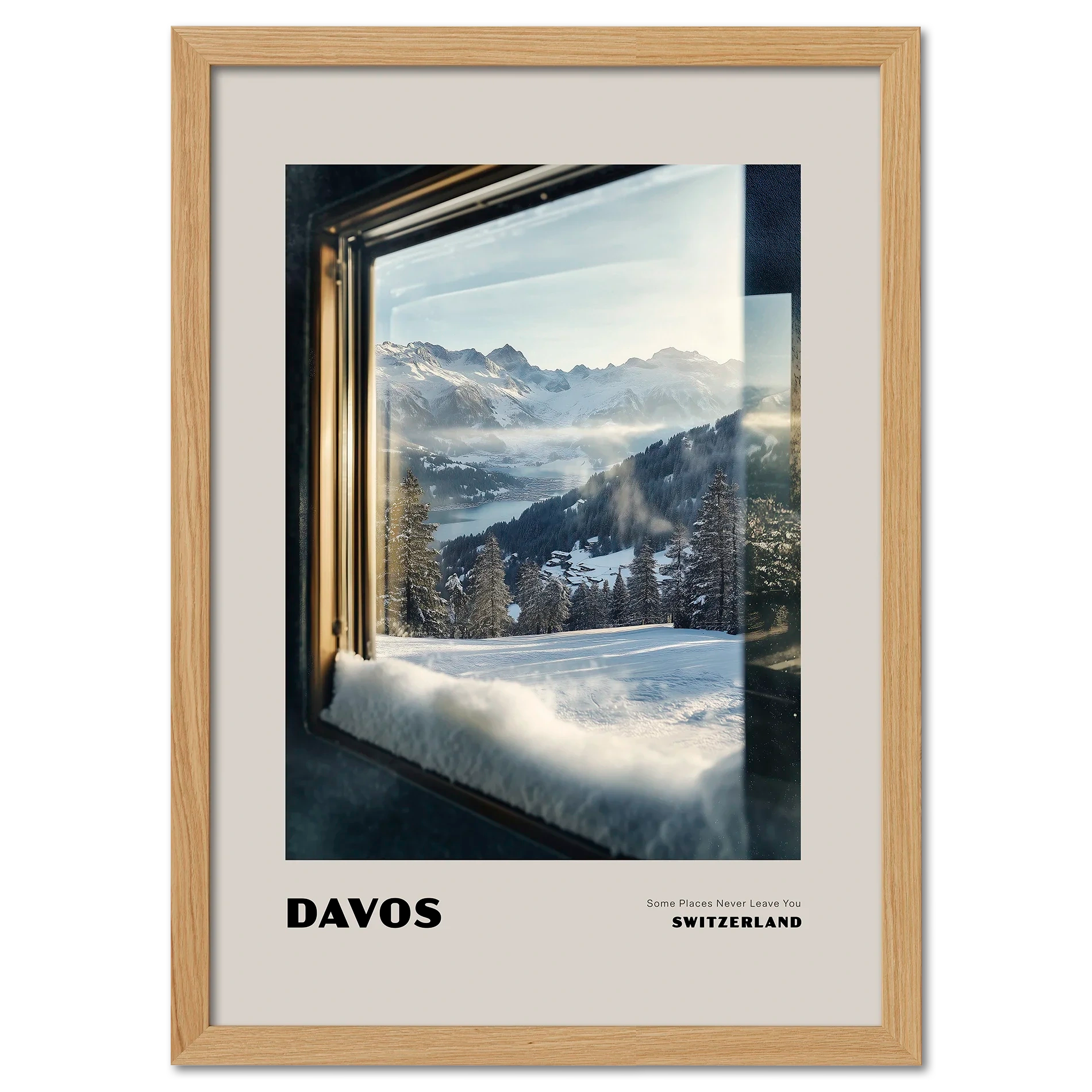 Davos - Some Places Never Leave You - Poster featuring a winter scene captured through a frosted window.