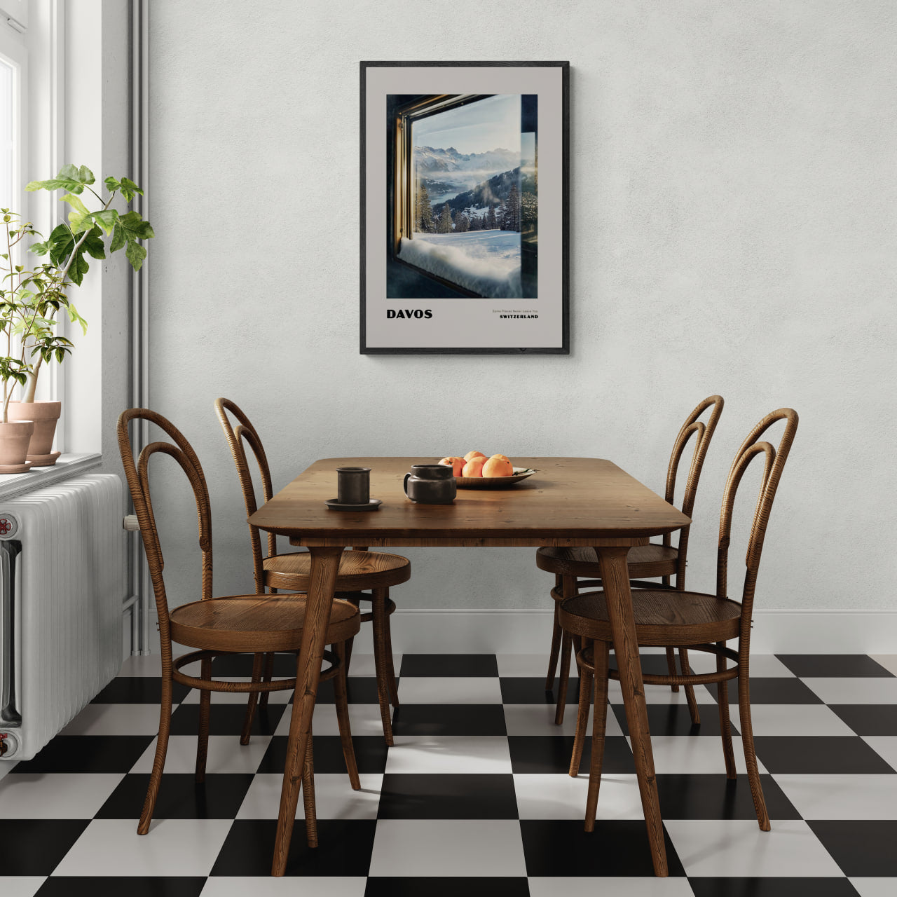 Davos - Some Places Never Leave You - Poster displayed in a modern dining room with wooden furniture and checkered floor.