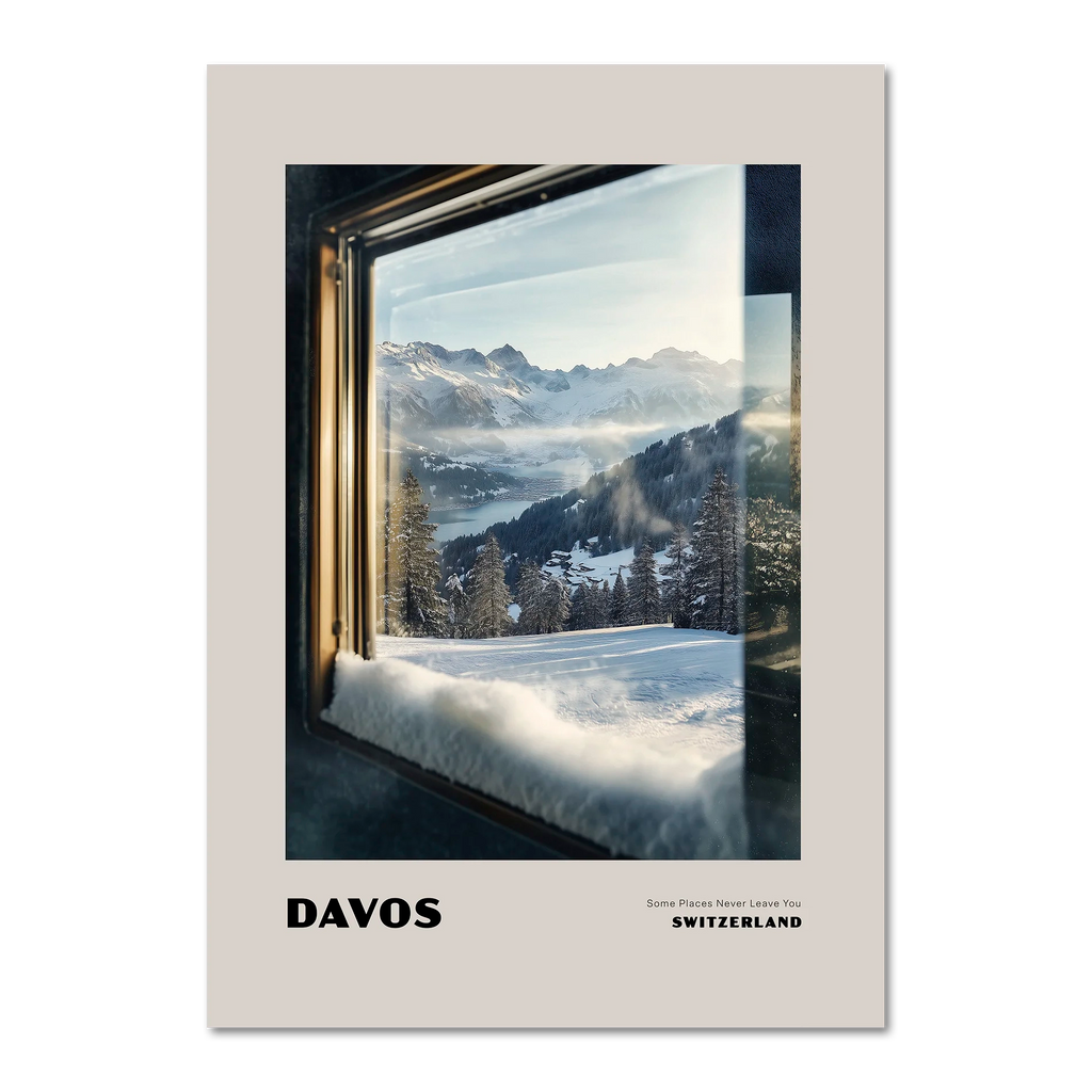 Davos - Some Places Never Leave You - Poster depicting a winter view through a frosted window in Switzerland.