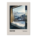 Davos - Some Places Never Leave You - Poster depicting a winter view through a frosted window in Switzerland.
