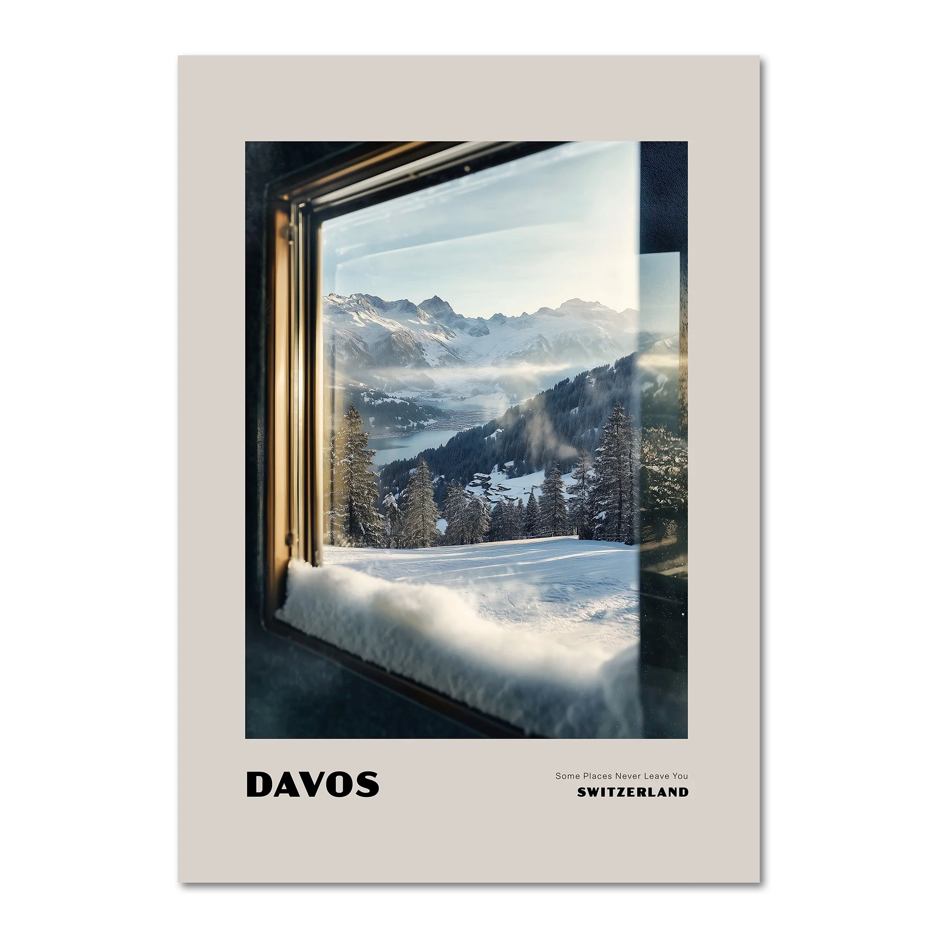 Davos - Some Places Never Leave You - Poster depicting a winter view through a frosted window in Switzerland.