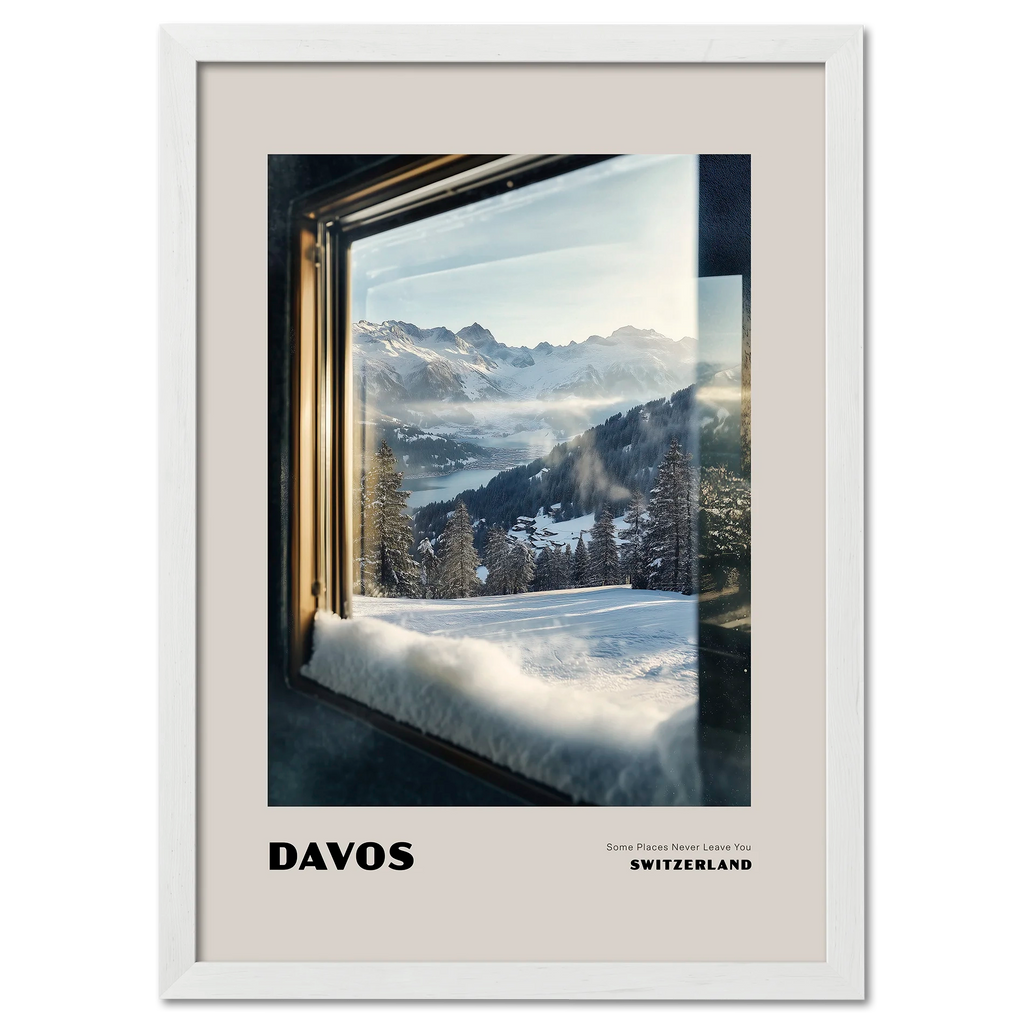 Davos - Some Places Never Leave You - Poster featuring a snowy mountain view from a frosted window.