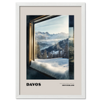 Davos - Some Places Never Leave You - Poster featuring a snowy mountain view from a frosted window.