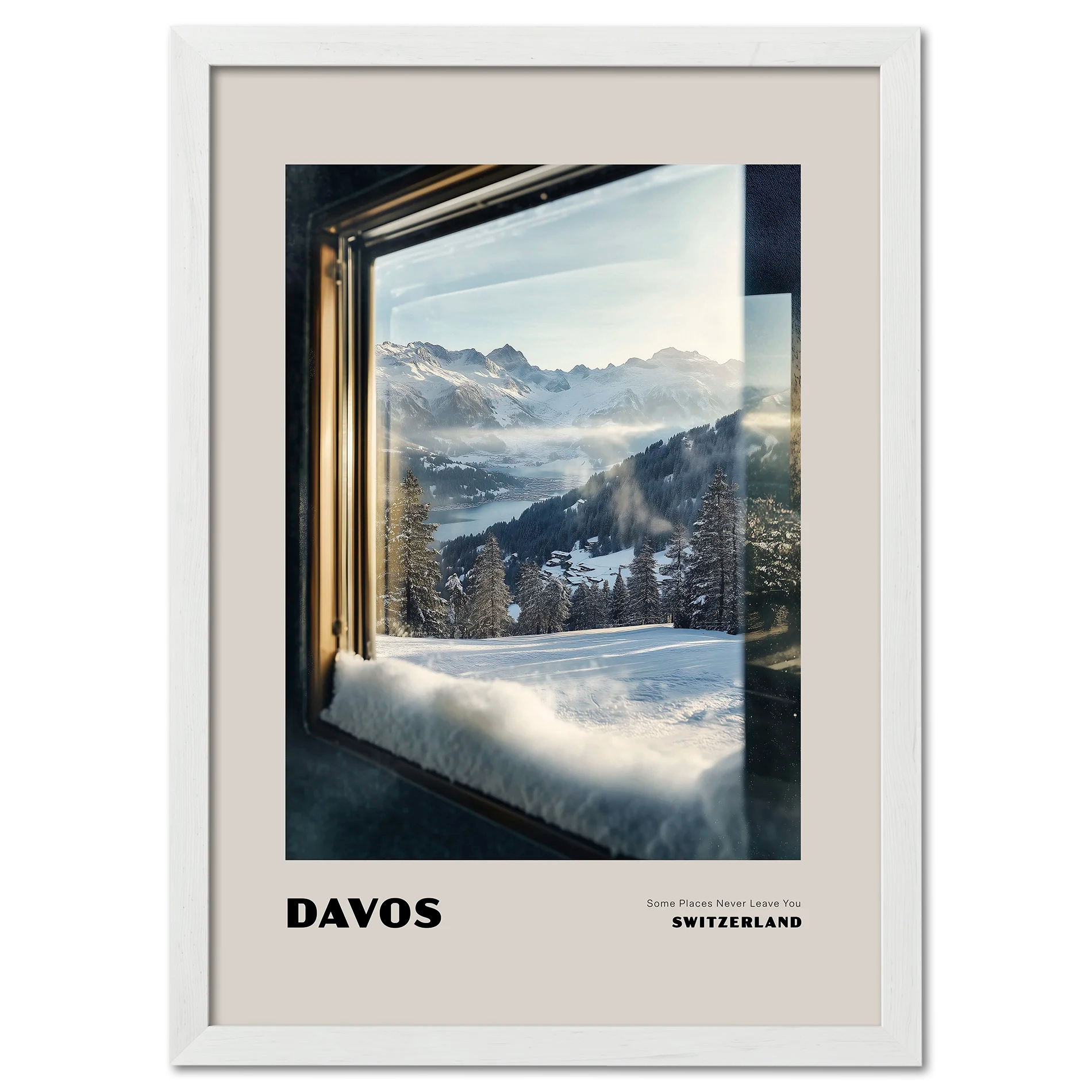 Davos - Some Places Never Leave You - Poster featuring a snowy mountain view from a frosted window.