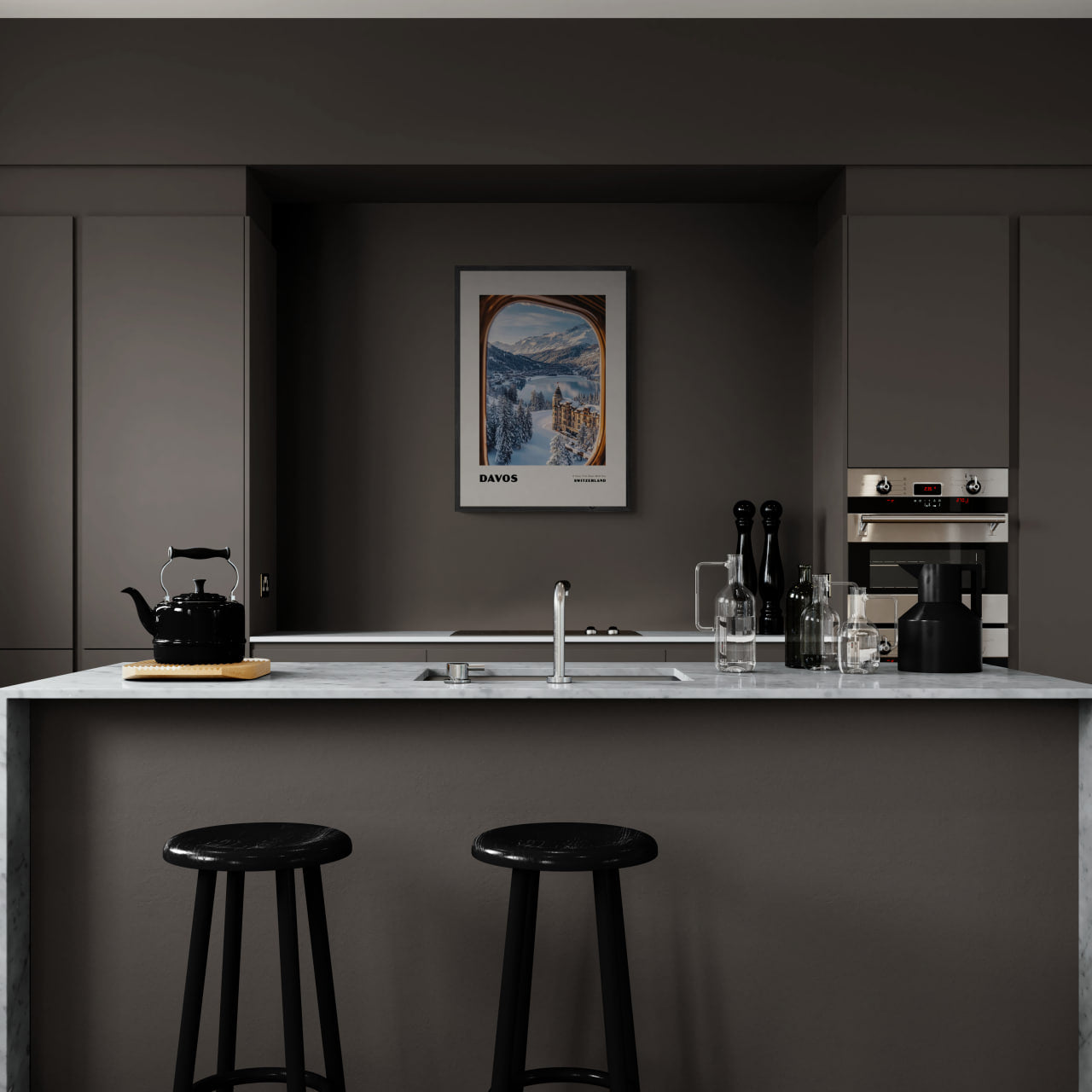 Davos - A View That Stays With You - Poster displayed in a modern kitchen with dark cabinets and marble countertop, enhancing wall art decor.