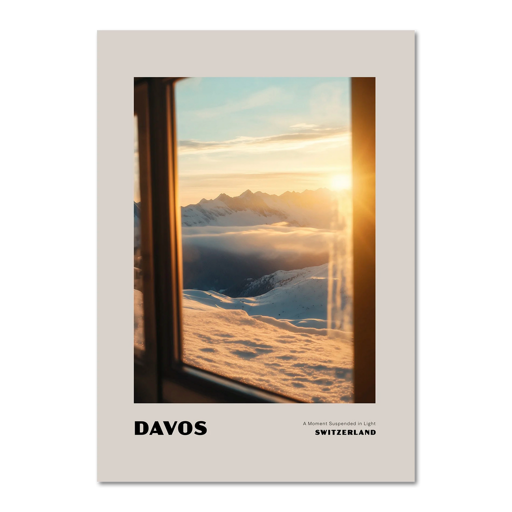 Davos - A Moment Suspended in Light - Poster showcasing a golden sunset over snowy mountains through a train window.