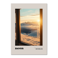 Davos - A Moment Suspended in Light - Poster showcasing a golden sunset over snowy mountains through a train window.