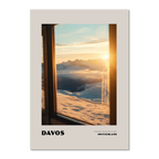Davos - A Moment Suspended in Light - Poster showcasing a golden sunset over snowy mountains through a train window.