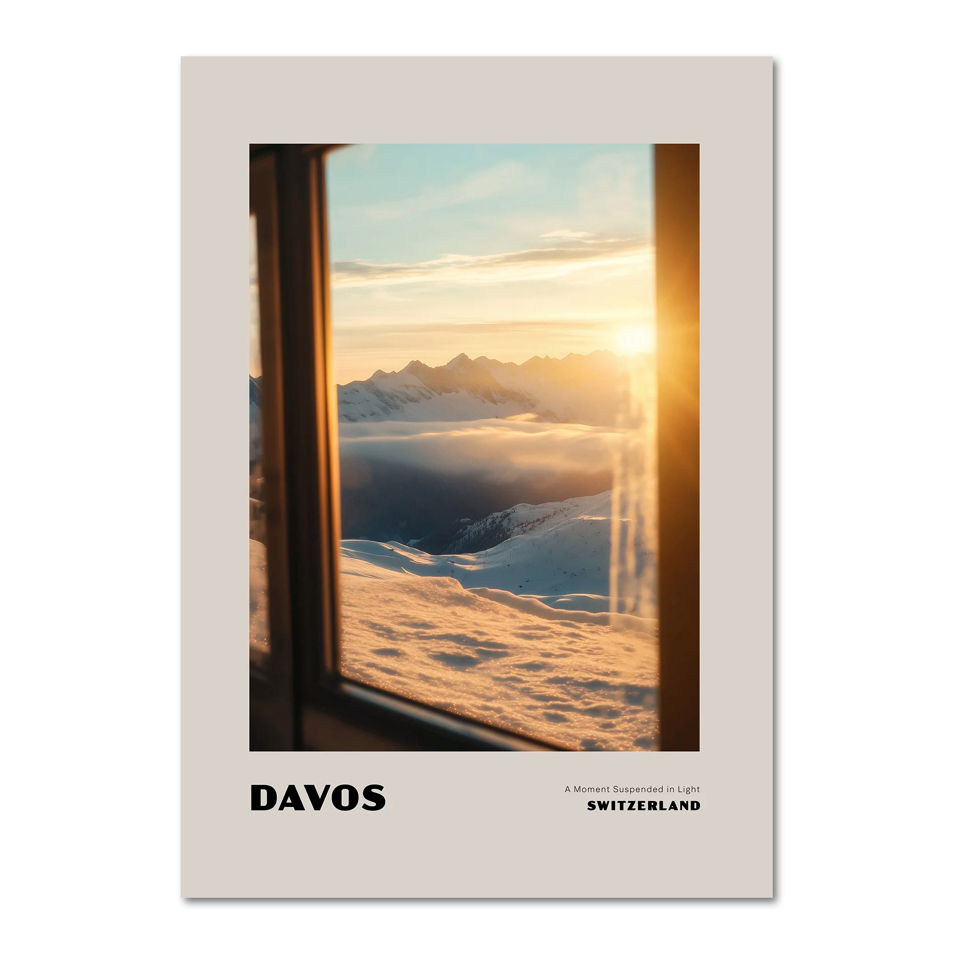 Davos - A Moment Suspended in Light - Poster showcasing a golden sunset over snowy mountains through a train window.