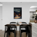 Davos - Poster showcasing a cozy winter evening in Davos, Switzerland, featuring warm lights and snowy peaks.