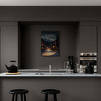 Davos - Poster displayed in a modern kitchen, showcasing cozy winter scene artwork from Switzerland.