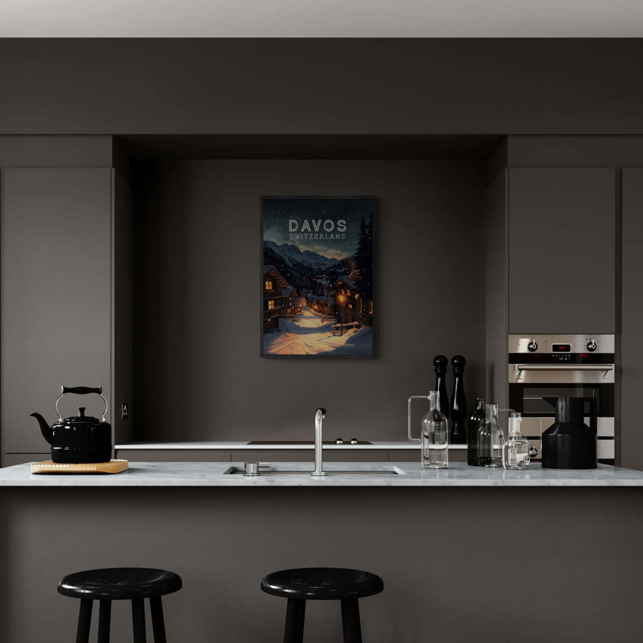 Davos - Poster displayed in a modern kitchen, showcasing cozy winter scene artwork from Switzerland.