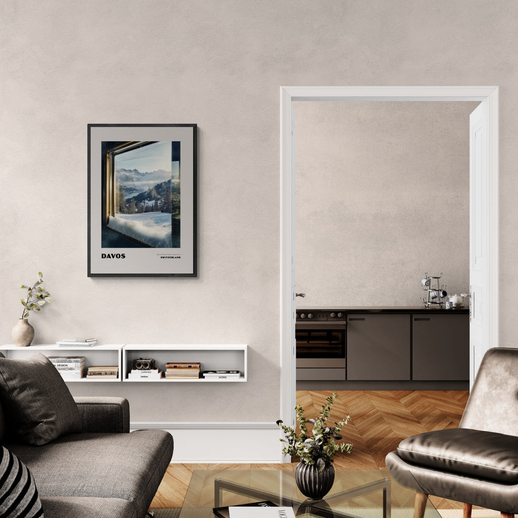 Davos - Some Places Never Leave You - Poster displayed in a modern living room, highlighting wall art and alpine scenery.
