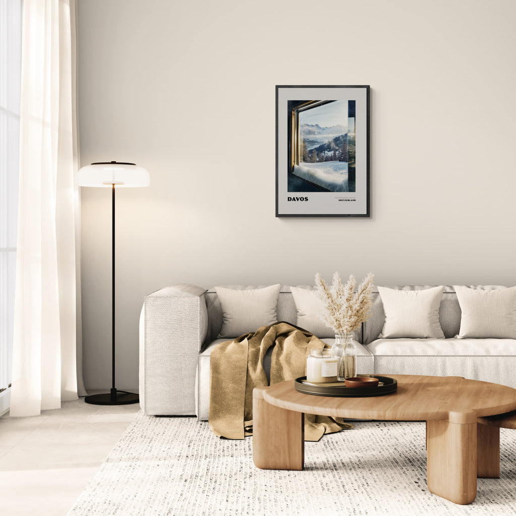 Davos - Some Places Never Leave You - Poster displayed in a cozy living room with modern decor and warm tones.