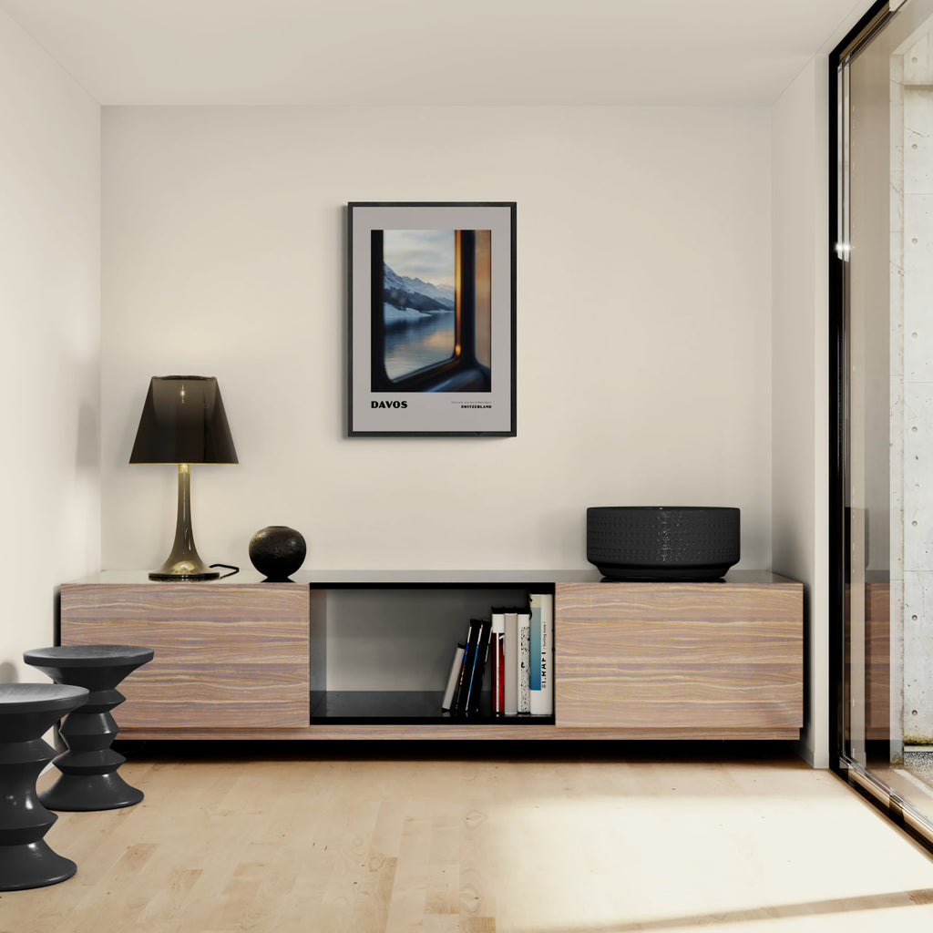 Davos - One Look, and You’re Back Again - Poster displayed in a modern living room setting, showcasing wall art.