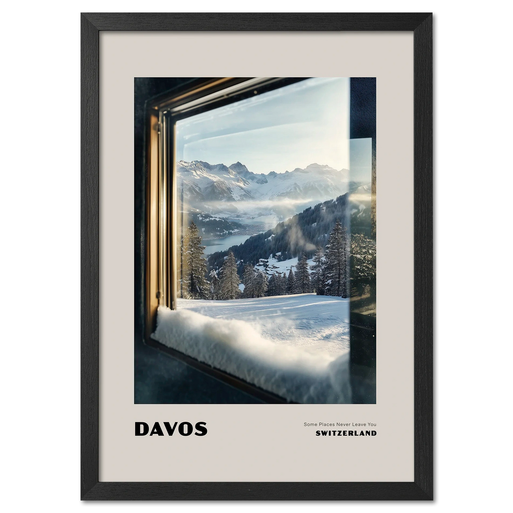 Davos - Some Places Never Leave You - Poster showcasing a winter view through a frosted window in Switzerland.