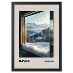 Davos - Some Places Never Leave You - Poster showcasing a winter view through a frosted window in Switzerland.
