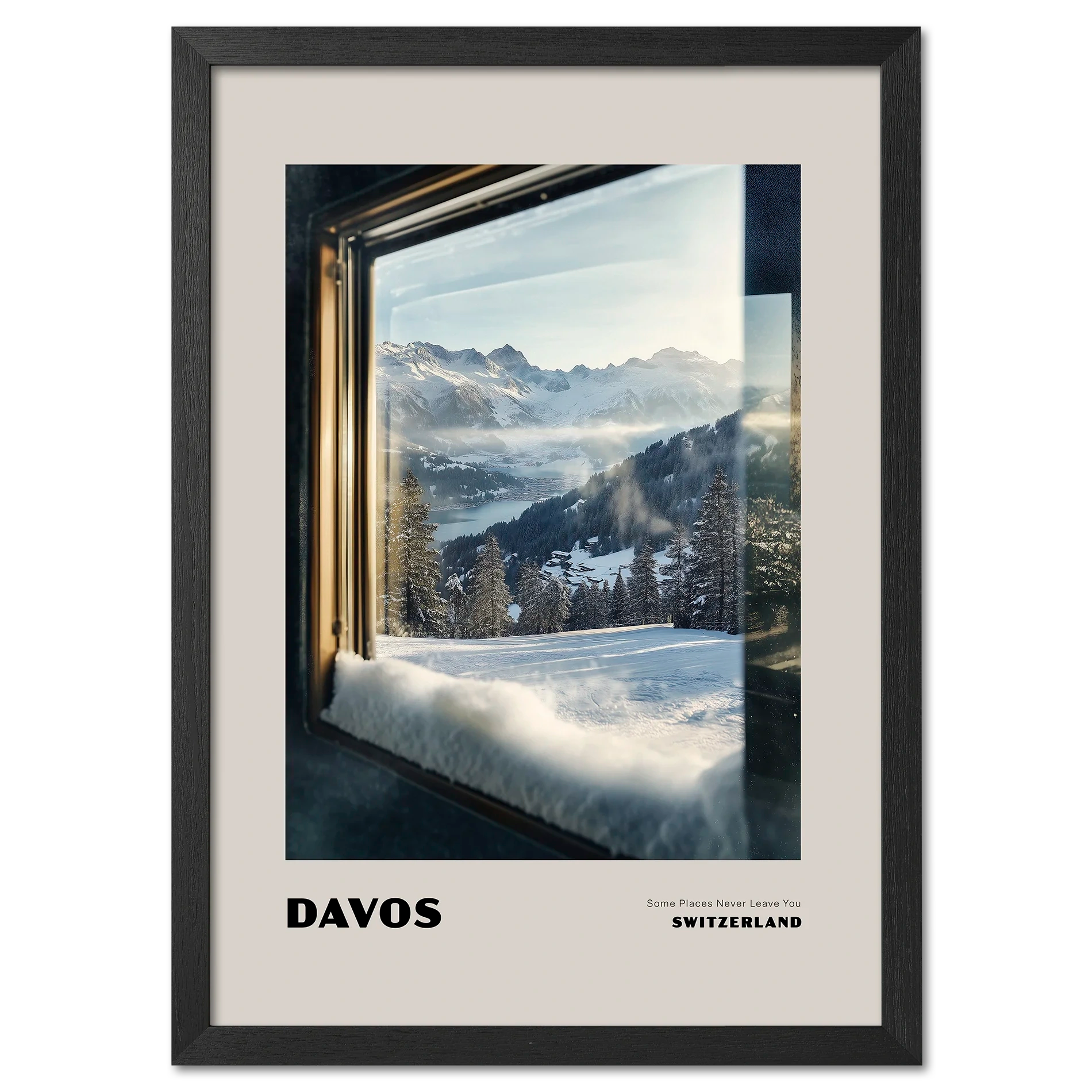 Davos - Some Places Never Leave You - Poster showcasing a winter view through a frosted window in Switzerland.