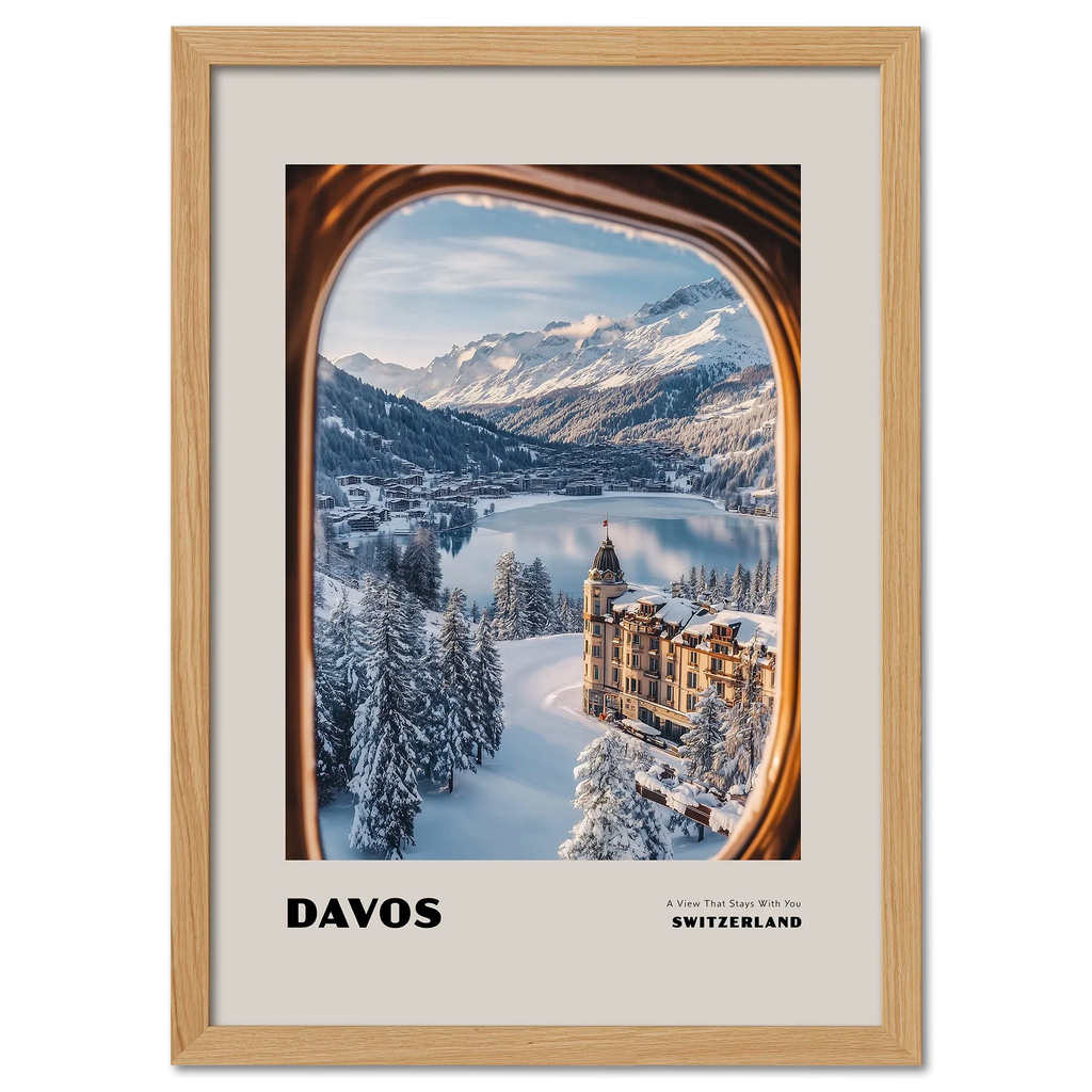 Davos - A View That Stays With You - Poster featuring a serene winter landscape from a train window.