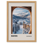 Davos - A View That Stays With You - Poster featuring a serene winter landscape from a train window.