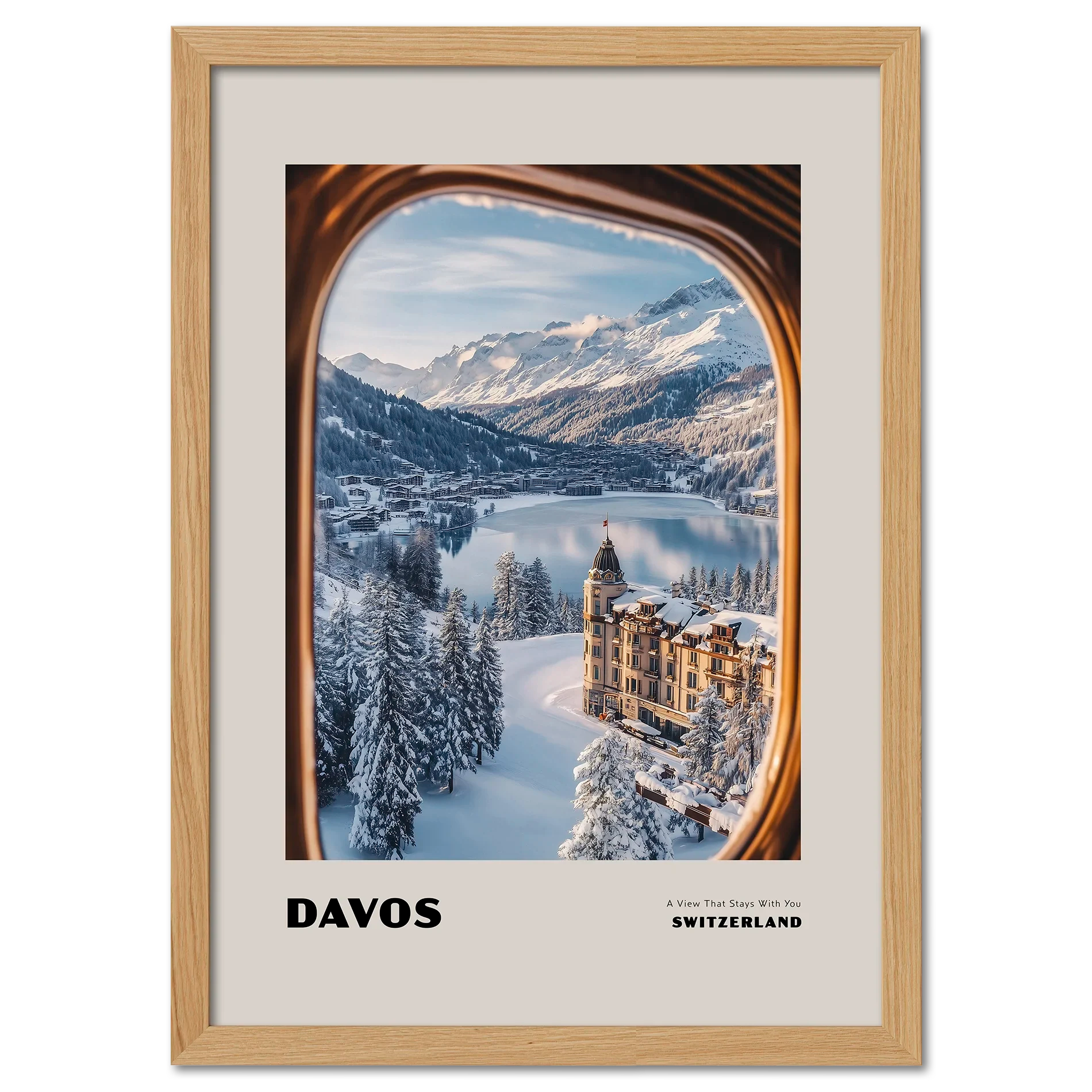 Davos - A View That Stays With You - Poster featuring a serene winter landscape from a train window.