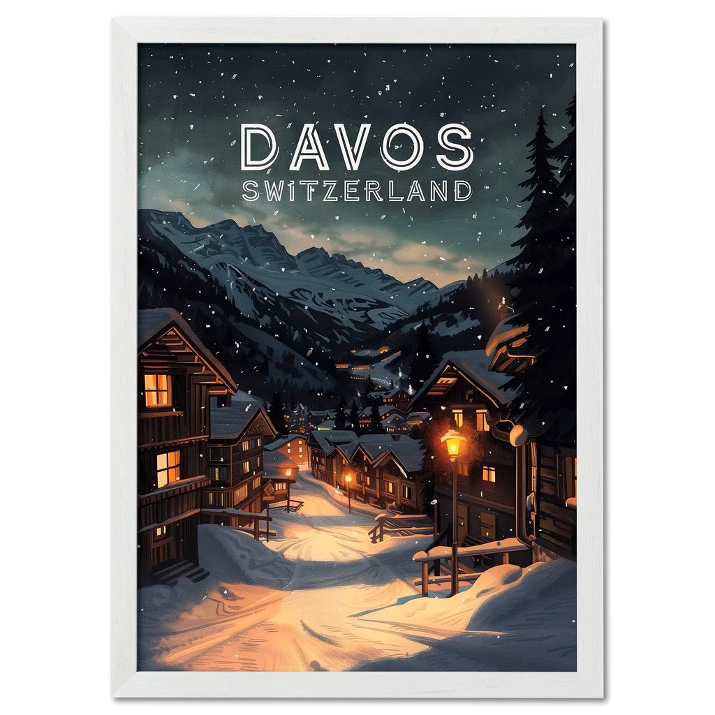 Davos - Poster showcasing a snowy evening in Davos, Switzerland with warm lights and mountains.