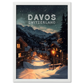 Davos - Poster showcasing a snowy evening in Davos, Switzerland with warm lights and mountains.