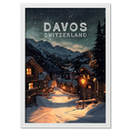 Davos - Poster showcasing a snowy evening in Davos, Switzerland with warm lights and mountains.