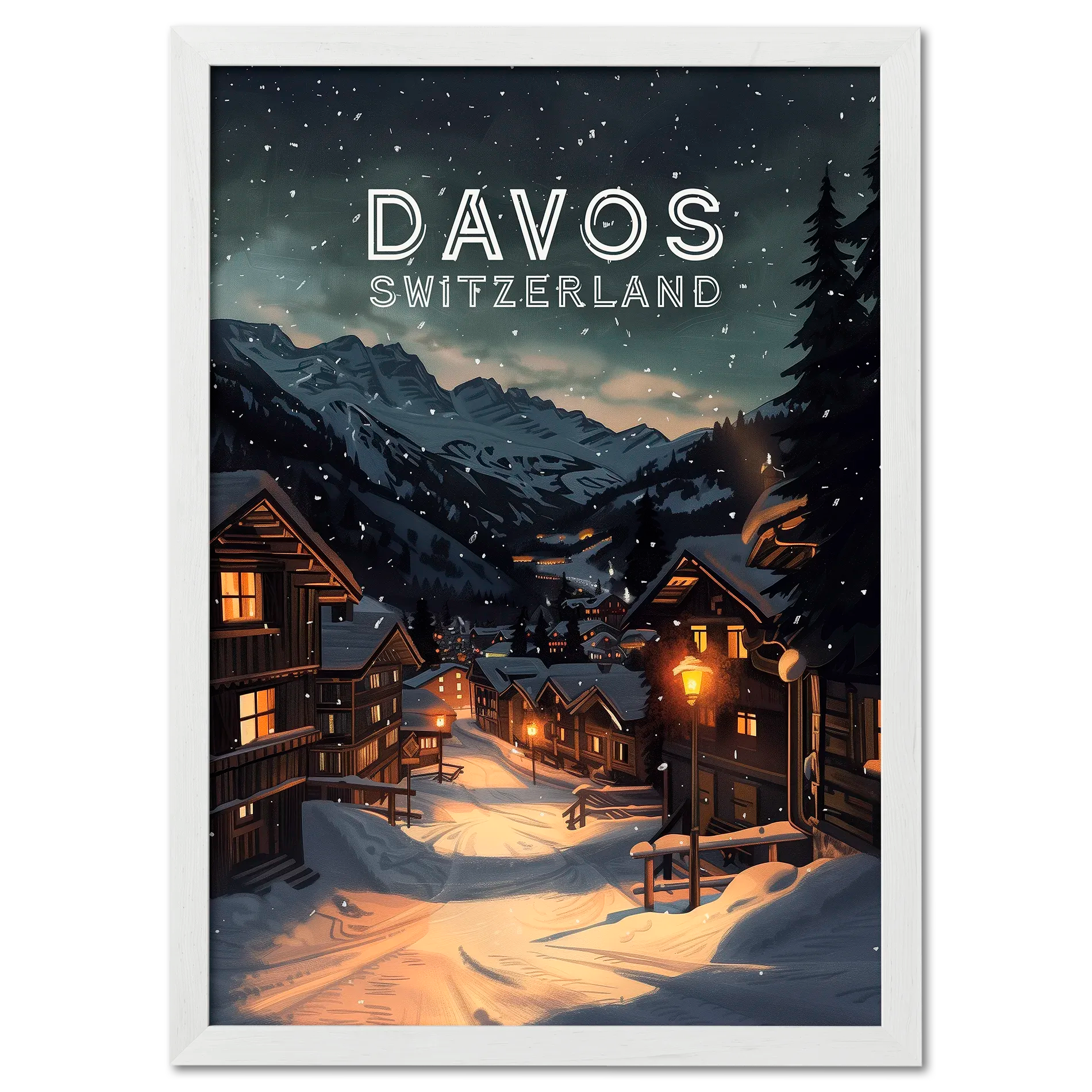 Davos - Poster showcasing a snowy evening in Davos, Switzerland with warm lights and mountains.