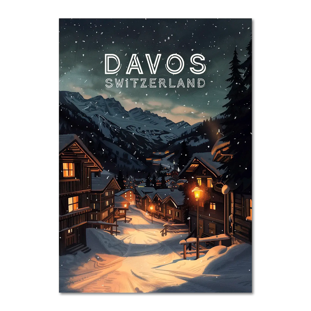 Davos - Poster showcasing a winter evening in Davos, Switzerland with snow-covered houses and mountains.